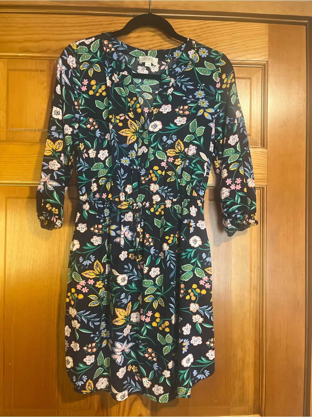 LOFT Small Navy Floral Drawstring Waist Shirt Dress
